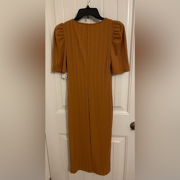 PUFF SHORT SLEEVE MIDCALF DRESS women size S vertical ribbing cinnamon/chestnuts - Picture 7 of 12